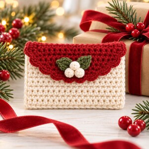 Puede incluir: Un estuche rectangular de ganchillo con cuerpo color crema y solapa festoneada roja. El centro de la solapa está decorado con dos hojas de ganchillo verdes y tres pequeñas esferas de ganchillo blancas dispuestas como un racimo de bayas.