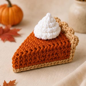 May include: A crochet slice of pumpkin pie featuring a deep orange filling, a light tan crust with a scalloped edge, and a dollop of white whipped cream on top. The piece is crafted with visible yarn stitches and has a triangular shape.