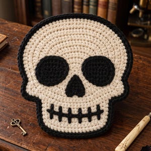 Könnte beinhalten: Ein gehäkeltes Totenkopf-Wandbehang- oder Dekorationsobjekt mit einer cremefarbenen Basis und schwarzen Garn-Details für die Augenhöhlen, die Nasenhöhle und den genähten Mund. Der Totenkopf ist mit einem dicken schwarzen Rand umrandet.