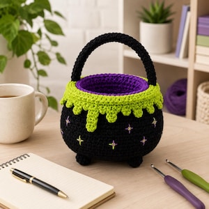May include: A round, black crocheted basket shaped like a cauldron with a handle. It features a bright lime green scalloped rim, a purple interior lining, and small embroidered star-shaped accents in yellow and purple on the exterior surface.