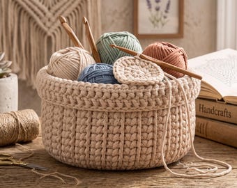May include: A round, beige crocheted basket filled with several balls of yarn in cream, sage green, blue, and terracotta colors. Two wooden crochet hooks are tucked inside, along with a small, circular crocheted piece and loose yarn strands.