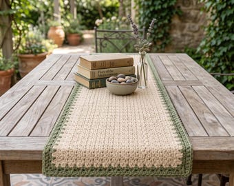 May include: A rectangular crochet table runner featuring a cream-colored center with a sage green border. The runner is placed on a wooden table, topped with a stack of three books, a small bowl filled with smooth stones, and a glass vase with lavender.