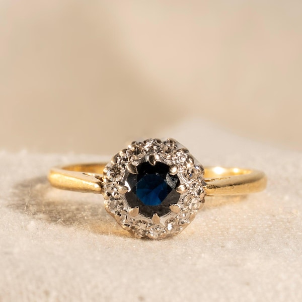 Vintage Sapphire & Diamond Halo Ring 18ct Gold and Platinum | The Heavenly Halo — Ane Antrin