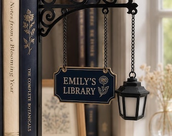 Personalized Floral Library Sign with Lamp, Custom Bookshelf Sign, Birth Flower Decor, Book Lover Gift, Reading Nook Decor