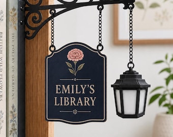 Personalized Birth Flower Library Sign with Lamp, Custom Bookshelf Sign, Birth Month Flower Gift, Book Lover Gift, Reading Nook Decor