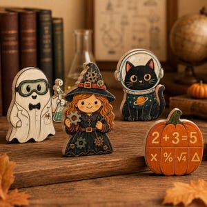 May include: A set of four wooden decorative figures featuring a ghost scientist with goggles, a witch with gears, a black cat in a space helmet, and an orange pumpkin printed with the math equation 2+3=5 and various mathematical symbols.