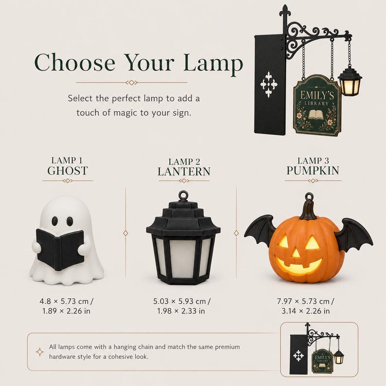 Personalized bookshelf library sign with three selectable hanging LED lamp styles including ghost, lantern and pumpkin designs.
