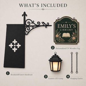Bookshelf sign set showing black metal insert hardware, personalized wooden library tag, LED lantern and hanging chains included.