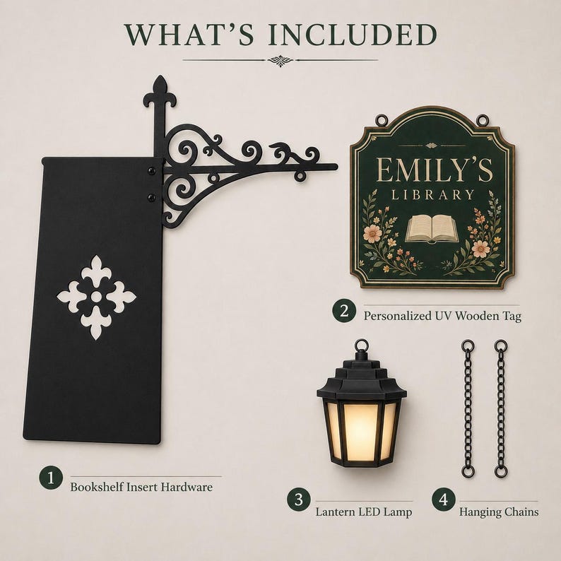 Bookshelf sign set showing black metal insert hardware, personalized wooden library tag, LED lantern and hanging chains included.