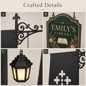 Bookshelf sign set showing black metal insert hardware, personalized wooden library tag, LED lantern and hanging chains included.