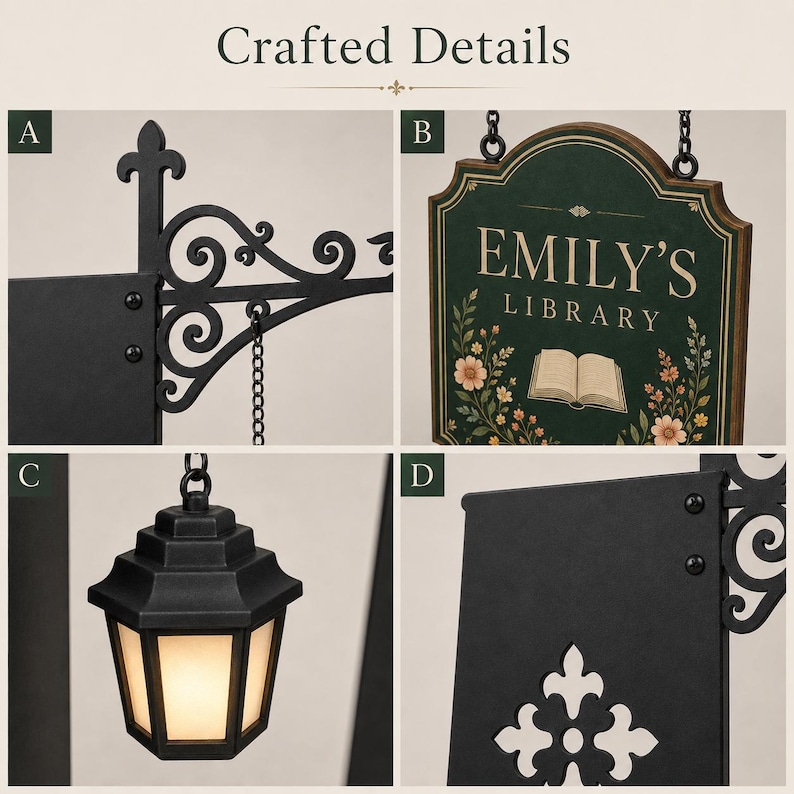 Bookshelf sign set showing black metal insert hardware, personalized wooden library tag, LED lantern and hanging chains included.