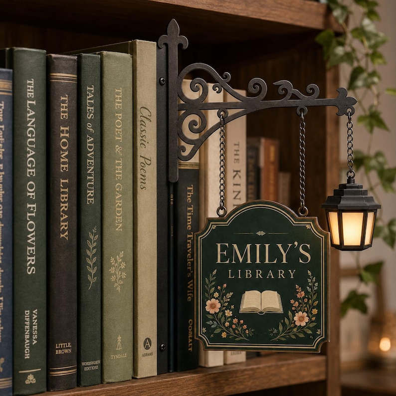 Personalized library bookshelf sign with ornate black metal insert, custom hanging wooden name sign and glowing LED lantern beside books.