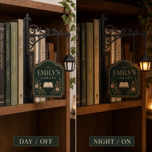 Personalized bookshelf sign displayed between books with LED lamp shown turned off during the day and glowing at night.