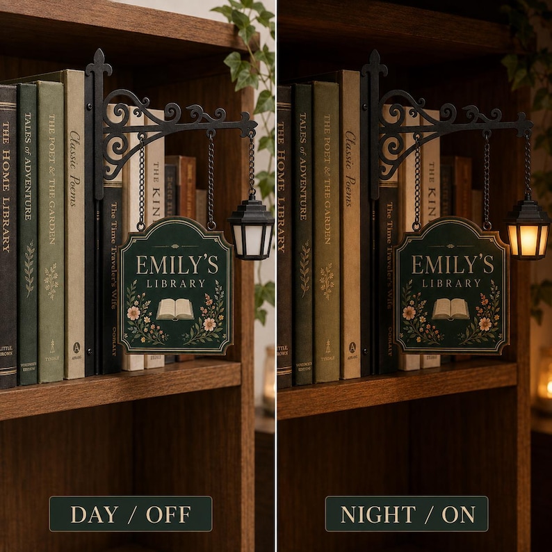 Personalized bookshelf sign displayed between books with LED lamp shown turned off during the day and glowing at night.