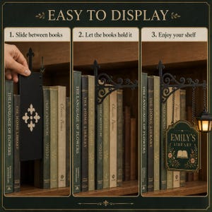 Three-step bookshelf sign installation showing the flat metal insert sliding between upright books and supported without wall screws.