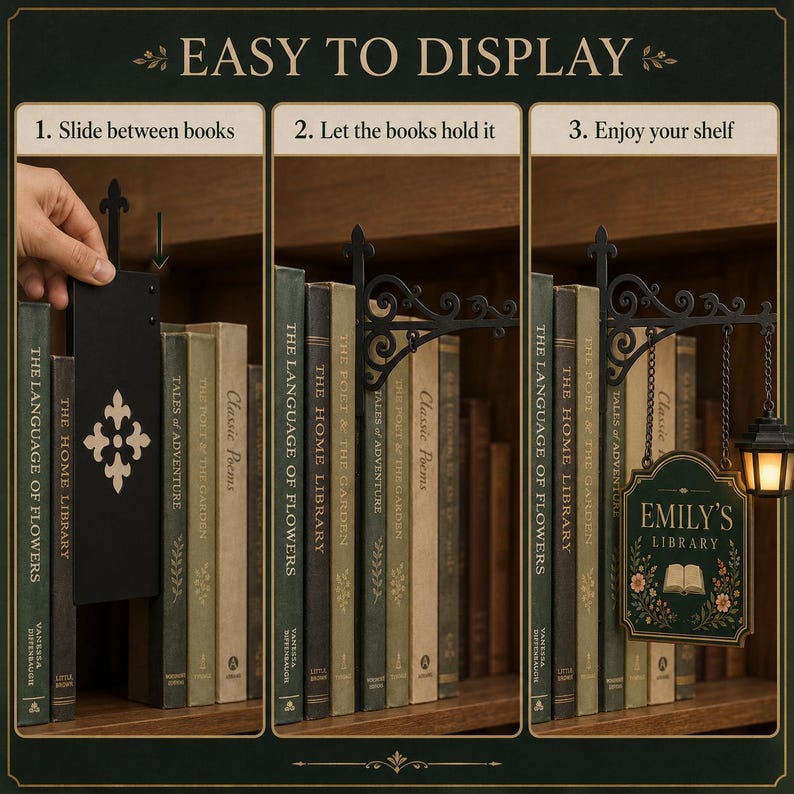 Three-step bookshelf sign installation showing the flat metal insert sliding between upright books and supported without wall screws.