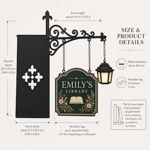 Size guide for personalized bookshelf sign showing insert plate, decorative arm, wooden tag dimensions and material thickness.