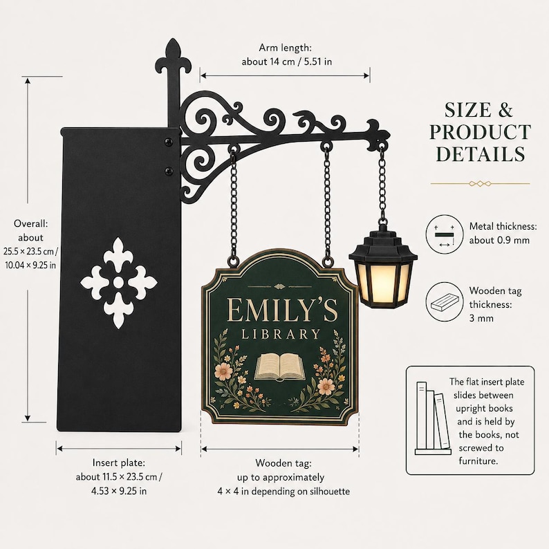 Size guide for personalized bookshelf sign showing insert plate, decorative arm, wooden tag dimensions and material thickness.