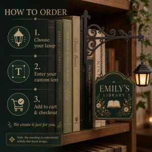 How to order personalized library sign: choose lamp, enter custom wording, then add the custom bookshelf decor to cart.