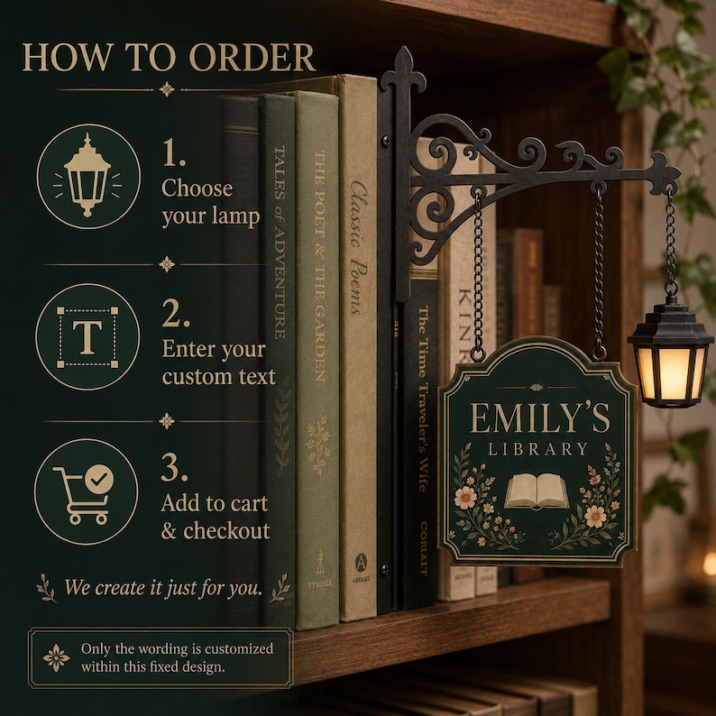 How to order personalized library sign: choose lamp, enter custom wording, then add the custom bookshelf decor to cart.