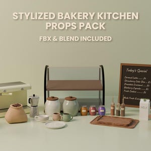 May include: A stylized bakery kitchen props pack with various items. Includes a plant in a pot, a coffee maker, jars, a chalkboard menu, small tables, and a display shelf. The text "STYIZED BAKERY KITCHEN PROPS PACK" is at the top.
