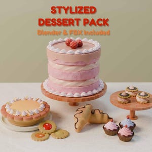 May include: A collection of stylized dessert models, including a multi-layered pink and tan cake with red berries, a pie, cookies, cupcakes, and croissants. The text "STYLIZED DESSERT PACK" is displayed in red, with "Blender & FBX Included" below.