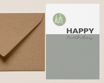 Happy Birthday Card with badge of Liver Building Grey Green