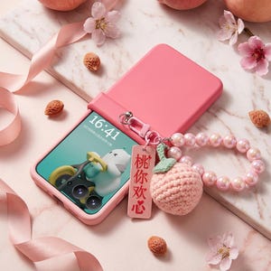 Può includere: Custodia per telefono rosa con cinturino da polso con perline abbinato e un ciondolo a forma di pesca all'uncinetto. Lo schermo del telefono mostra un personaggio dei cartoni animati su una moto gialla. L'ora sullo schermo è 16:41.