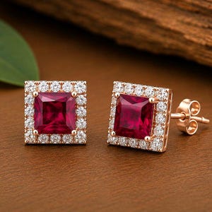 Ruby Princess Cut Stud Earrings | Square Ruby Halo Earrings | Rose Gold Stud Earrings | July Birthstone | Sterling Silver Gift