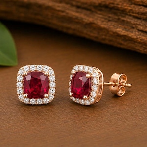 Ruby Cushion Stud Earrings | Cushion Cut Ruby Halo Earrings | Rose Gold Stud Earrings | July Birthstone | Sterling Silver Gift