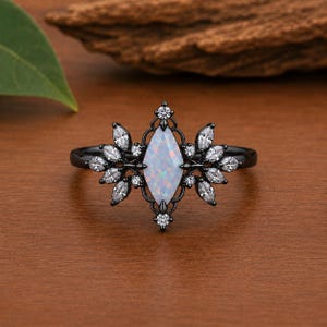 Opal Gothic Engagement Ring Silver | Fantasy Opal Statement Ring | Art Deco Bridal Jewelry | White Fire Opal Ring | Witchy Promise Ring