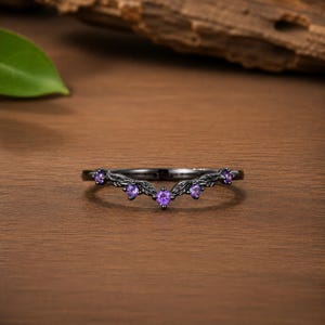 Amethyst Curved Wedding Band | Nature Inspired Stacking Ring | Purple Gemstone Chevron Ring | Leaf Wedding Band | Alternative Bridal Jewelry