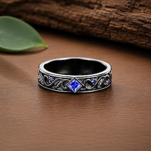 Blue Sapphire Wedding Band | Gothic Vine Ring | Silver Nature Band | Fantasy Promise Ring | Vintage Inspired Stackable Ring
