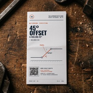 以下が含まれることがあります： 「45° OFFSET & ROLLING 45°」と題された、配管とパイプフィッティング用の白いポケットリファレンスガイド。ガイドには図と「MORE CHEAT SHEETS」のテキストとQRコードが含まれています。背景は木製の表面です。