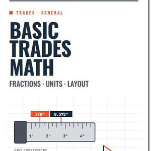 May include: A pocket reference guide titled "Basic Trades Math" with fractions, units, and layout information. Includes a ruler showing inches, unit conversions, and a 3-4-5 rule diagram. The guide also features a QR code for more cheat sheets.