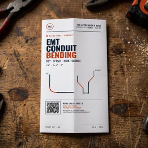 May include: A folded white pocket reference guide for electrical conduit bending, with the title "EMT Conduit Bending" in bold letters. Diagrams illustrate 90-degree offset, kick, and saddle bends. Includes a QR code and website address.