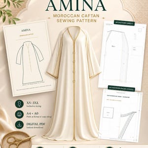 Op de afbeelding: Een digitale PDF-naaipatroon voor een Marokkaanse kaftan, genaamd "AMINA". Het patroon bevat inclusieve maten (XS-3XL), A4- en A0-printopties en een naadtoeslag van 1 cm. De kaftan is ivoor met gouden afwerking en knopen.