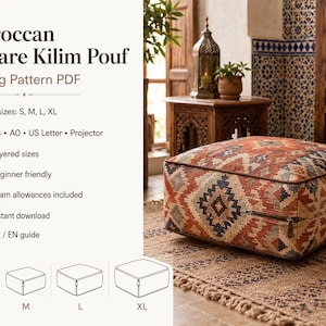 May include: A Moroccan Square Kilim Pouf sewing pattern PDF featuring text details for four sizes, S, M, L, and XL, with A4, A0, US Letter, and projector options. The image displays a square, patterned, rust-coloured fabric pouf with a side zipper.