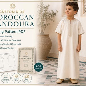 Cartamodello personalizzato per Gandoura marocchina per bambini (PDF) | Cartamodello A4 A0 | Misura personalizzata 115 cm | Guida al cucito per principianti (FR/EN)