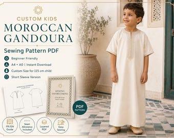 Cartamodello personalizzato per Gandoura marocchina per bambini (PDF) | Cartamodello A4 A0 | Misura personalizzata 115 cm | Guida al cucito per principianti (FR/EN)