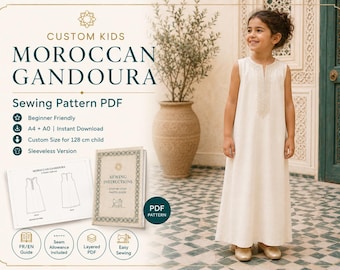 May include: A digital sewing pattern for a kids' Moroccan gandoura, featuring a sleeveless, floor-length white garment with intricate embroidery at the neckline. The document includes A4 and A0 PDF files, step-by-step photo instructions, and a guide for a 128 cm child size.