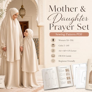 May include: A digital sewing pattern for a mother and daughter prayer set, featuring beige hooded prayer garments. The PDF includes instructions, size ranges from women's XS-5XL and girls' 2-14Y, and is compatible with A4, A0, and US Letter paper formats.