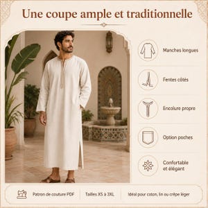 May include: A cream-coloured, long-sleeved robe with a mandarin collar and side slits. The robe has gold embroidery around the collar. The image includes text that reads "Une coupe ample et traditionnelle" and "Tailles XS &agrave; 3XL".
