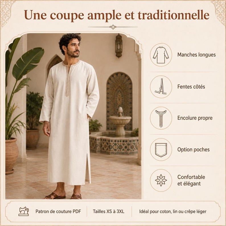 May include: A cream-coloured, long-sleeved robe with a mandarin collar and side slits. The robe has gold embroidery around the collar. The image includes text that reads "Une coupe ample et traditionnelle" and "Tailles XS &agrave; 3XL".