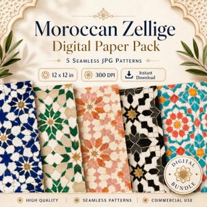 Puede incluir: Un paquete de papel digital con cinco patrones JPG sin costuras con diseños de Zellige marroquíes. Cada patrón mide 30,48 x 30,48 cm y 300 DPI. Los patrones presentan motivos geométricos de estrellas y flores en varios colores.