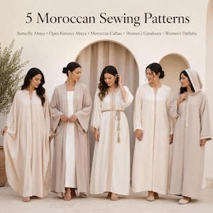 Könnte beinhalten: Eine digitale Anzeige mit 5 marokkanischen Schnittmustern: Butterfly Abaya, Open Kimono Abaya, Moroccan Caftan, Gandoura und Djellaba. Fünf beige und cremefarbene Kleidungsstücke werden gezeigt, mit verschiedenen Ärmelformen, Stickereien und Kapuzen.