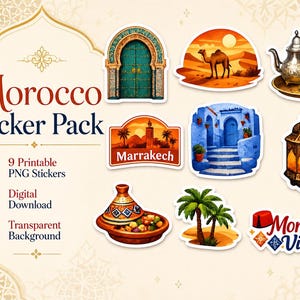 May include: A sticker pack featuring nine printable PNG stickers with a transparent background. The stickers depict Moroccan imagery, including a camel in the desert, a traditional teapot, a blue building, a lantern, and the words "Morocco Vibes."