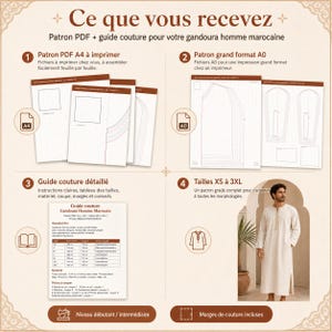 May include: A sewing pattern and guide for a Moroccan gandoura. The image shows printed A4 and A0 pattern files, detailed instructions, and a size chart from XS to 3XL. The text includes "beginner/intermediate" and "seam allowances included."