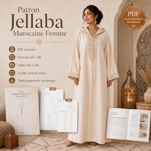 Marockanskt Jellabamönster för kvinnor PDF XS-3XL | Symönster A4 A0 | Modest Djellaba att sy | Syguide ingår
