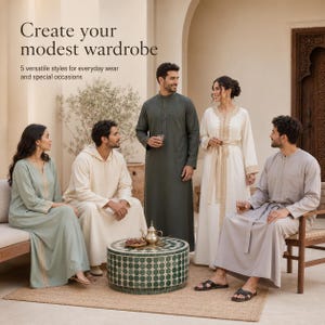 5 marokkanische Schnittmuster (PDF) | Jabador (Damen), Djellaba (Herren), Gandoura (Herren), Eid-Kleid & Stoffgürtel | XS–5XL | A4 A0